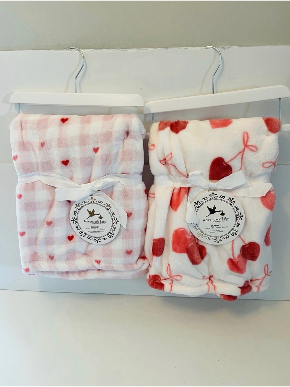 Adirondack Baby by Berkshire Lot of 2 Baby Blankets Pink White Hearts Cherries